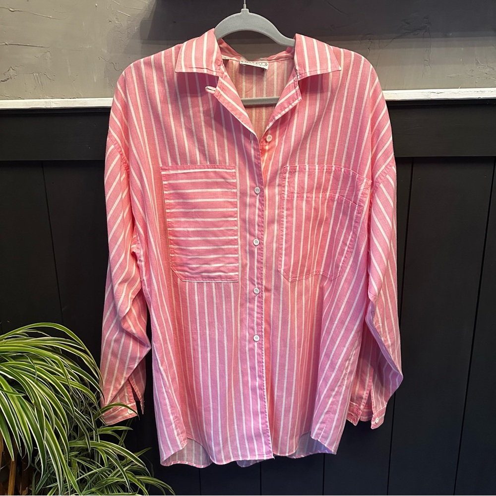 Mr. Witt Vintage Pink Striped Button Down Unisex Double Pocket Shirt size 16